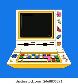 Retro computer in trendy y2k style. Nostalgia for the 2000s, 90s. Colorful vector illustration of a teenage computer covered with stickers.