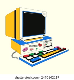 Retro computer in trendy y2k style. Nostalgia for the 2000s, 90s. Colorful vector illustration of a teenage desktop computer covered with stickers.