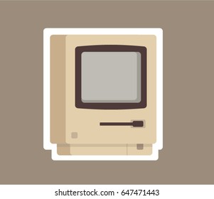 Retro computer. Vector icon sticker.
