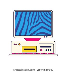 Retro computer vector icon or vintage 90s PC with CRT monitor and keyboard. Old technology symbol or classic office or home workstation. Nostalgic digital HTPC pizza box electronics. Outdated hardware