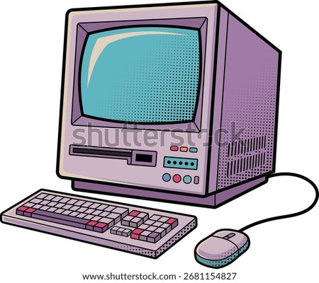 Retro computer vector illustration of a vintage desktop PC with CRT monitor, keyboard and mouse.