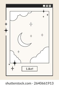 Retro computer window and dialogue screen with picture redactor with moon and stars, interface in 00s aesthetics. Vector illustration and graphic design element.