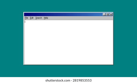 Retro computer window interface with text editor menu. Old operating system application frame on solid teal background. Digital desktop environment template for design and vintage software.