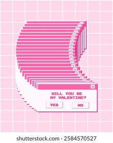 Retro computer window with the question will you be my valentine in trendy retro style of the 2000s