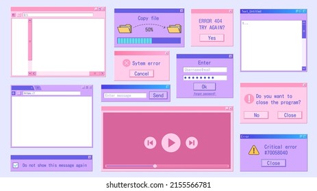 Retro computer window. Retrowave internet browser, frame folder, pop-up message 90s design. Vector old software UI set. Illustration of 90s or 80s interface browser screen