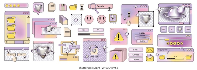 Conjunto de stickers de ventanas de computadora retro, marco de fondo vectorial de interfaz web de 90s, icono de pantalla de PC. Cuadro de diálogo nostálgico Y2k, estilo de vaporwave del panel de escritorio del usuario. Estética de la computadora retro ácida