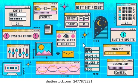 Retro-Computerfenster y2k Seitenschnittstelle. Vektorgrafik Rave Blue PC-Desktop mit Virenwarnung, Equalizer, Kassette, Download Bar, System aktualisier und Optionen, Menüsteuerung Buttone im alten 2000er-Stil