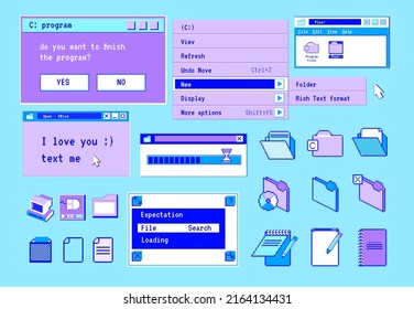 Retro computer windows. Popup 90s interface online messages. Folder and note icons. PC screen of website frames. OS menu option. Software UI dialog frame. Vector flat design stickers set