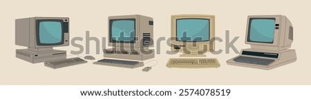 Retro computers. Old style pc and electronic equipments retro devices 80s or 90s recent vector flat illustrations set