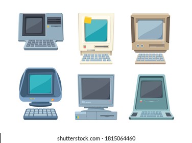 Retro computers set. Old electronic PC various shapes layouts information gadgets with builtin case loaded from floppy disks classic digital technologies of age with original design. Flat vector.