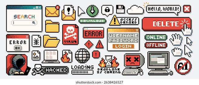 Retro computing. Pixel art error and internet search window, digital buttons and pixelated tech computer and laptop, email envelope and folder vector icons set