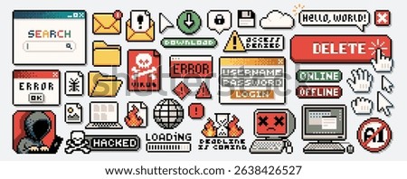 Retro computing. Pixel art error and internet search window, digital buttons and pixelated tech computer and laptop, email envelope and folder vector icons set