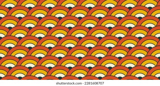 Retro concentric semi circles pattern. Oriental arc ornament seamless background. Vintage abstract geometric texture in 70s or 80s style. Colourful fabric and textile design. Vector illustration