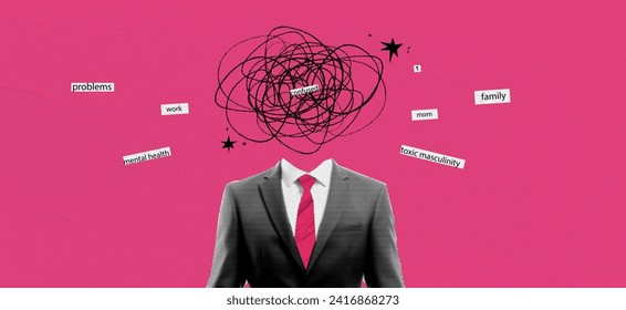 Retro concept collage with depression businessman in suit on halftone  effect style. Pop art with doodle elements. Paper pink background for design. Vector illustration.