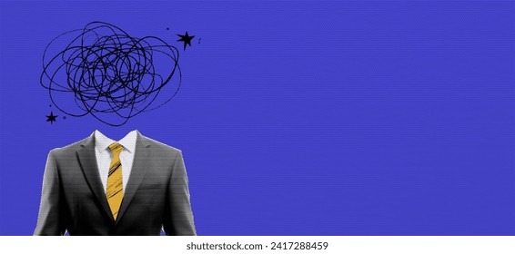 Retro concept collage with depression businessman in suit on halftone  effect style. Pop art with doodle elements. Paper blue background for design. Vector illustration. svg