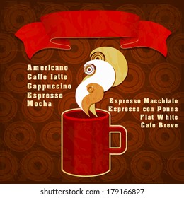 Retro concept with mug of red ribbon. The idea for coffee and restaurant