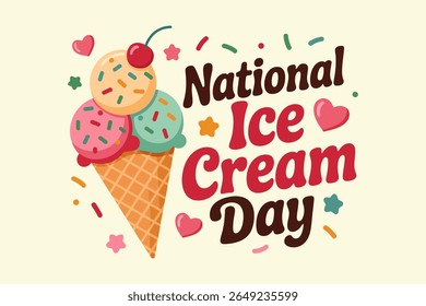 Retro cone and heart themed design for national ice cream day with bold vintage font and sweet dessert vibe