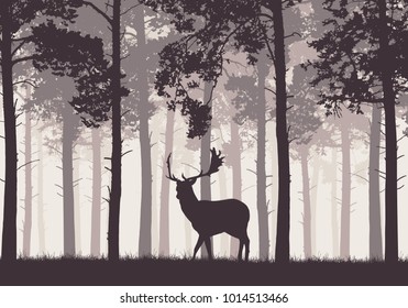 A retro coniferous forest with a silhouette of a fallow deer - vector