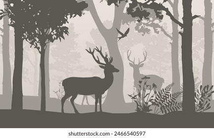 A retro coniferous forest with a silhouette of a fallow deer - vector