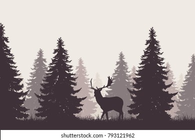 A retro coniferous forest with a silhouette of a fallow deer - vector