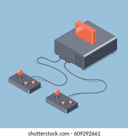 Retro console with joystick controllers. Isometric vector illustration