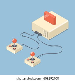 Retro console with joystick controllers. Isometric vector illustration