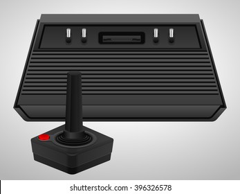 Retro console and joystick on a white background.