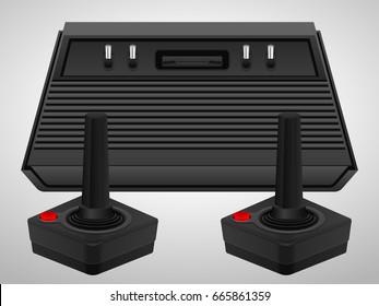 Retro console and joysticks on a white background.