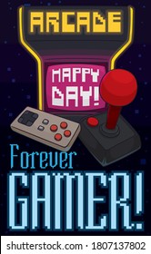 Retro consoles: arcade machine, controller and joystick promoting a happy Gamer Day .Forever Gamer, text