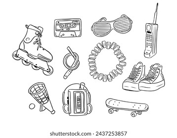 Retro contour drawings of items from 90s. Vector hand drawn outline sketchy drawings isolated on white background. Retro concept. Ideal for coloring pages, tattoo, pattern