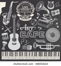 Retro Contours of Musical Instruments and Symbols, Audiophiles Accessories and Decoration for Music Bar