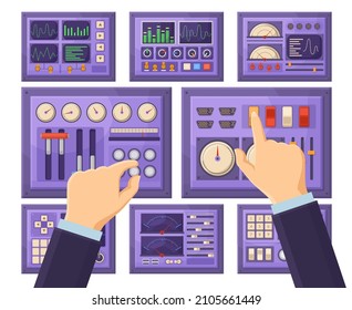 Retro control dashboard panel with operator hands, console connection ports. Hands work with control panel elements vector illustration. Spacecraft dashboard panel. Dashboard console with indicator