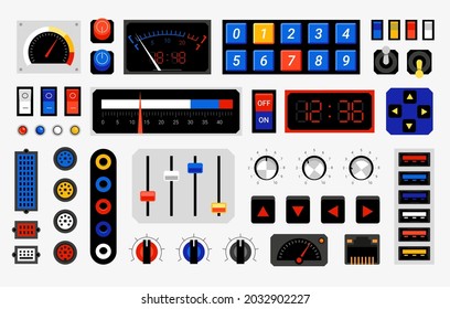 Retro control panel. Computer dashboard elements. Dials or connection ports. Controller buttons template. Electronic indicators with arrows. Vector console switches and toggles set