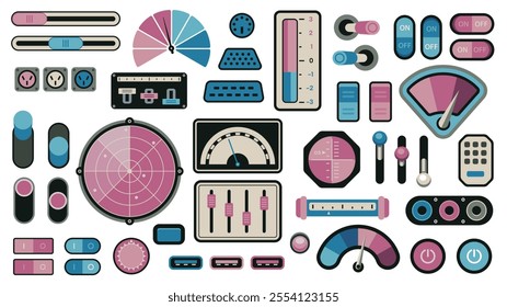 Retro control panel elements. Analog dashboard interface with measurement indicators, volume level sliders, knobs and dials. Vector 70s-80s technology screen.