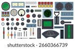 Retro control panel elements. Spaceship buttons, screens and dials, vintage analog dashboard isolated objects, indicators and scales, speed interface and radar graphic, cockpit qualitative vector set