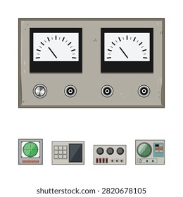 Retro control panel featuring two analog meters, several push buttons, and a collection of lower instrument panels, evoking a sense of classic technology and interface design