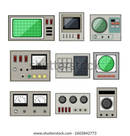 retro control panel set cartoon. porcelain glass, steel plastic, bamboo small retro control panel sign. isolated symbol vector illustration
