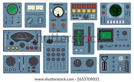 Retro control panels. Space ship dashboards, sliders, tuners and buttons, vintage analog indicators, scales, dials, arcade game screen, different interface design, qualitative vector set