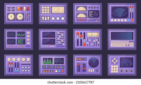 Retro control panels, spacecraft dashboard with dials, tuners and levers. Old computer interface elements isolated vector illustration set. Control panel templates. Screen dashboard interface