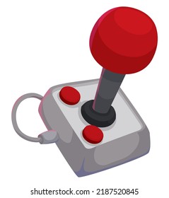 Retro controller with red joystick and two buttons. Design in cartoon style.