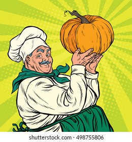 Retro cook with pumpkin, thanksgiving. pop art vector illustration