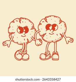 Retro cookie couple holding handsand looking at each other lovingly mascot character. Bakery menu symbol