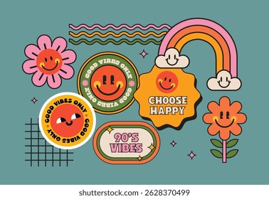 Retro cool abstract funny sticker with trendy patch badges. Quotes and words for Gen Z and Millennials in Y2K style art, set against an isolated neutral background