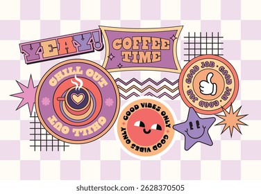 Retro cool abstract funny sticker with trendy patch badges. Quotes and words for Gen Z and Millennials in Y2K style art, set against an isolated neutral background