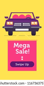 Retro cool car with the advertisement text and swipe up button flat design illustration. Template for promotion product page, account or personality in the social networks. Eps10 vector.