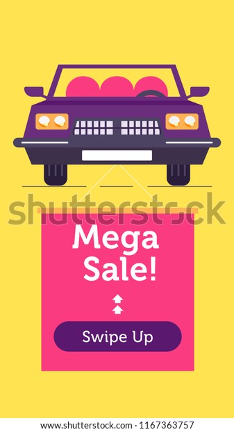 Retro cool car with the advertisement text and\
swipe up button flat design illustration. Template for promotion\
product page, account or personality in the social networks. Eps10\
vector.