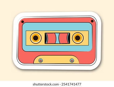 Etiqueta engomada fresca retro. Casete de audio rojo. De vuelta a los 80 y 90. Equipo de audio para escuchar canciones. Era hippie y arte pop. Póster o Anuncio. Ilustración vectorial plana aislada sobre fondo beige