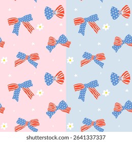 Retro Coquette 4th of July America Ribbon Bow  Girly Seamless Pattern Red White Blue Minimal Wallpaper Isolated on Background
