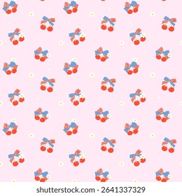 Retro Coquette 4th of July Cherries Bow Seamless Pattern Girly America Red White Blue Minimal Wallpaper Isolated on Background