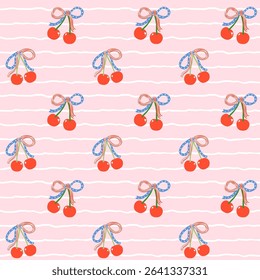 Retro Coquette 4th of July Cherries Bow Seamless Pattern America Girly Star and Stripe Blue white red Ribbon Minimal Wallpaper Isolated on Background